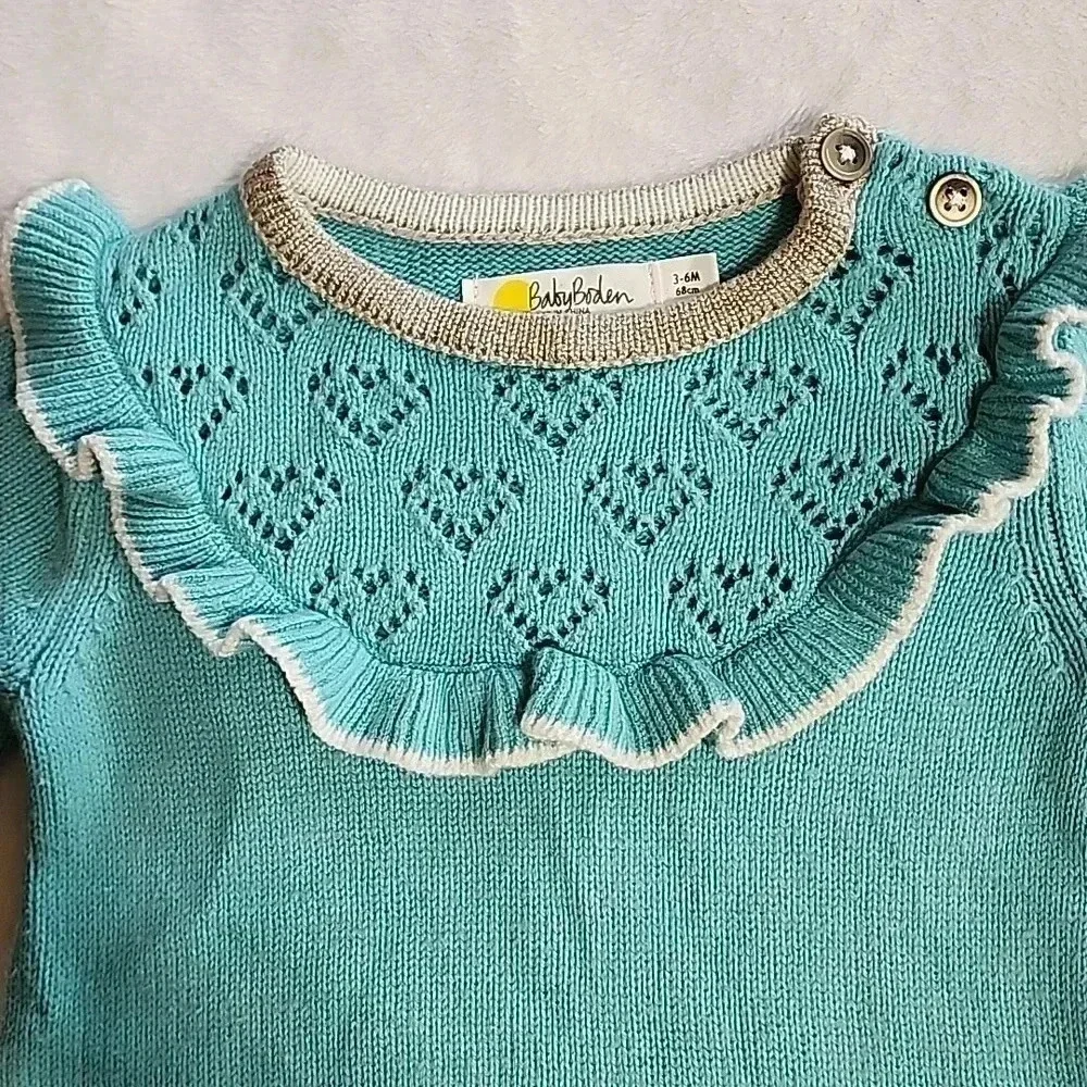Baby Boden Blue Knit Ruffle Collar‎ Cashmere Blend Sweater Dress 3-6M Y0464